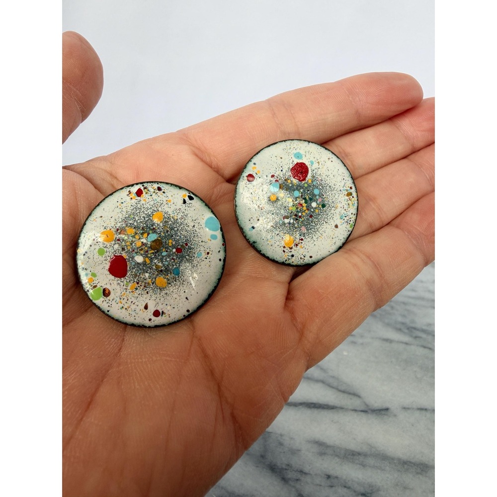 MCM Enamel Copper Clip On Earrings 1950s White Confetti Splatter Abstract Art